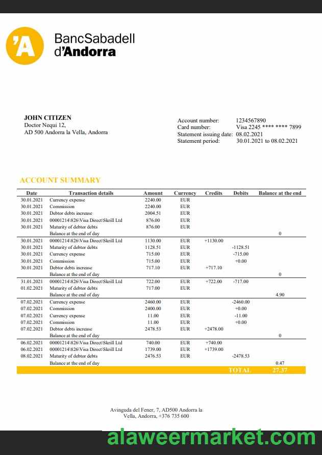 Andorra BancSabadell d'Andorra bank statement